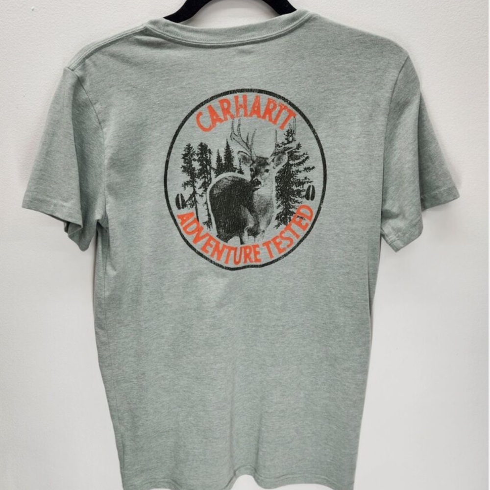 Carhartt boys XL Green Adventure Tested T-Shirt front pocket